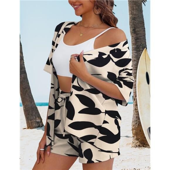 Women's 2 Piece Outfits Kimono Style Tropical Print Cover Ups Half Sleeve Blouse - Picture 3 of 6